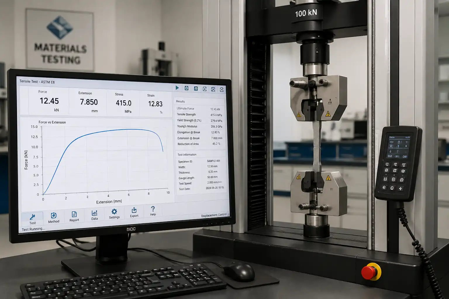 Universal Testing Machine software displaying a tensile test curve.